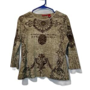 Tan Whimsygoth Fairy Graphic Rhinestone print all over Y2K  3/4 Sleeve tshirt